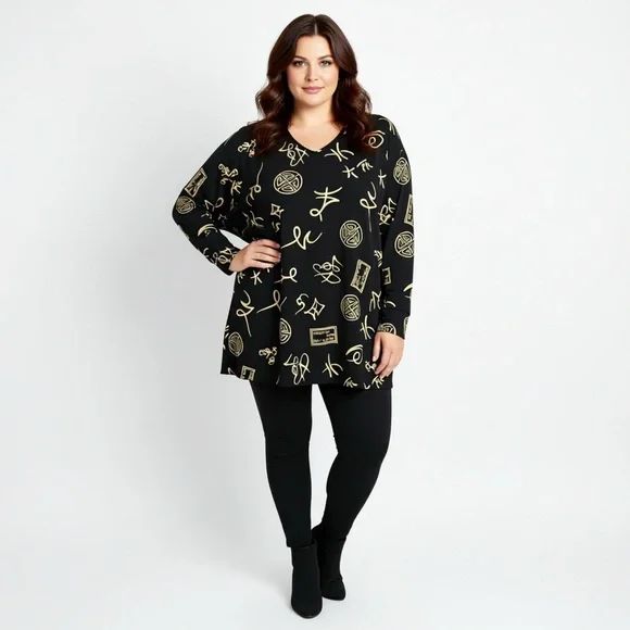 Whimsigoth Boho Black Tan Asian Inspired V-Neck Plus Size 3X Top Work Travel - Picture 11 of 11